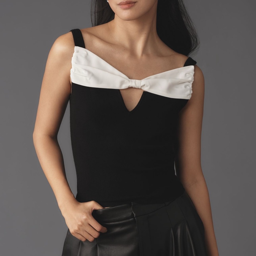 NWT Anthropologie Maeve Bow Detail Ribbed Sweater Tank Top with White Bow-Detail